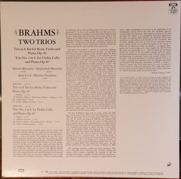 Johannes Brahms - Yehudi Menuhin, Maurice Gendron, Hephzibah Menuhin, Alan Civil : Trio In E Flat For Horn, Violin & Piano, Op. 40 • Trio No. 2 In C For Violin, Cello & Piano, Op. 87 (LP, Album, RE)