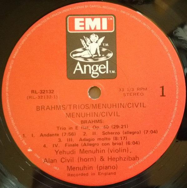 Johannes Brahms - Yehudi Menuhin, Maurice Gendron, Hephzibah Menuhin, Alan Civil : Trio In E Flat For Horn, Violin & Piano, Op. 40 • Trio No. 2 In C For Violin, Cello & Piano, Op. 87 (LP, Album, RE)