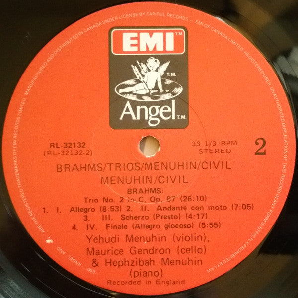 Johannes Brahms - Yehudi Menuhin, Maurice Gendron, Hephzibah Menuhin, Alan Civil : Trio In E Flat For Horn, Violin & Piano, Op. 40 • Trio No. 2 In C For Violin, Cello & Piano, Op. 87 (LP, Album, RE)