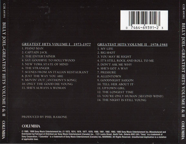 Billy Joel : Greatest Hits Volume I & Volume II (2xCD, Comp, RM)