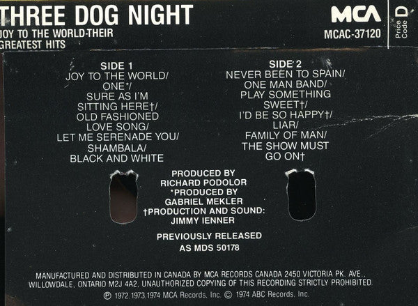 Three Dog Night : Joy To The World - Their Greatest Hits (Cass, Comp, RE, Dol)