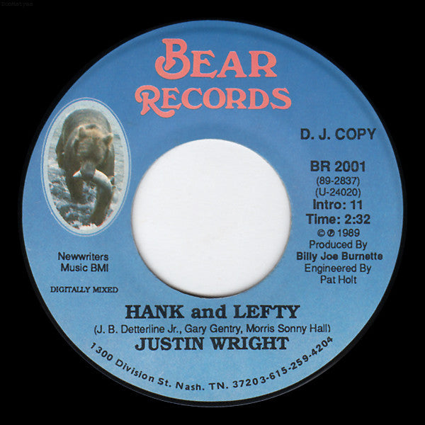 Justin Wright (5) : Hank And Lefty (7", Single, Promo)