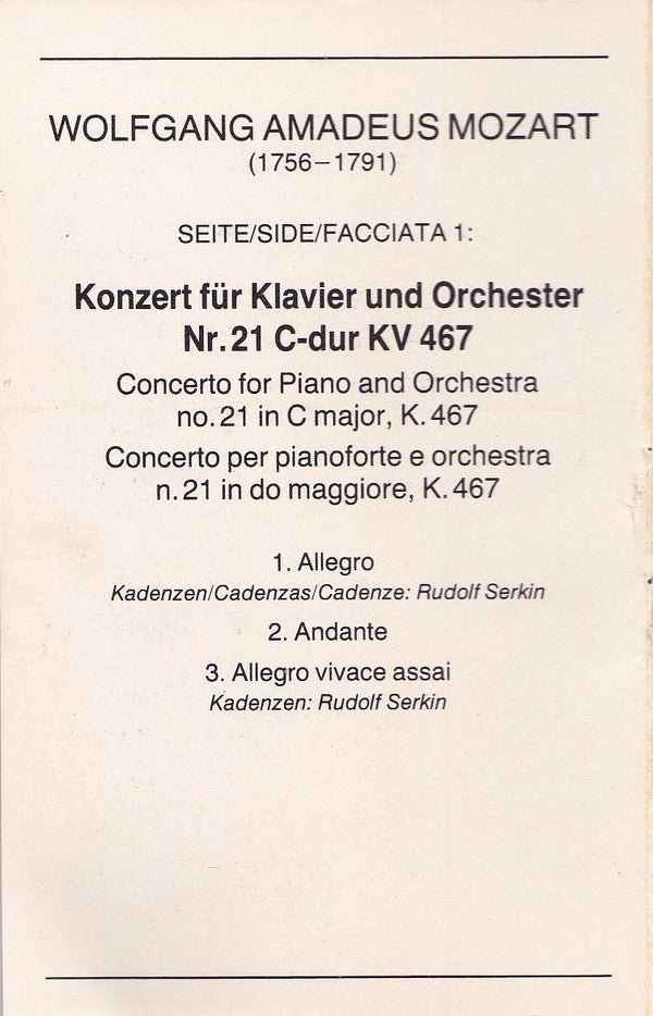 Wolfgang Amadeus Mozart, London Symphony Orchestra, Rudolf Serkin, Claudio Abbado : Piano Concertos Nos. 21 & 23 (Cass, Chr)