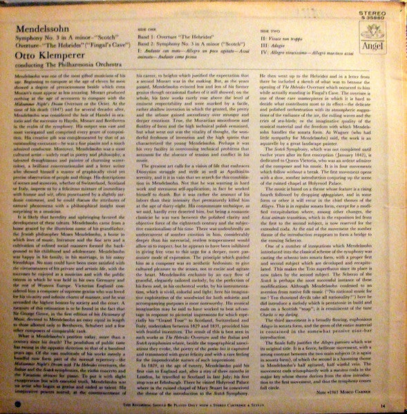 Mendelssohn*, Klemperer*, Philharmonia Orchestra : Symphony No. 3 "Scotch" / Hebrides Overture (LP)