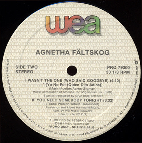 Agnetha Fältskog : I Wasn't The One (Who Said Goodbye) (12", Single, Promo)