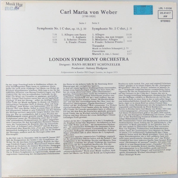 Carl Maria von Weber - London Symphony Orchestra, Hans-Hubert Schönzeler : Symphonien Nr. 1 Und 2 (LP)