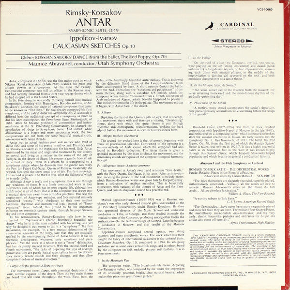 Nikolai Rimsky-Korsakov, Mikhail Ippolitov-Ivanov, Reinhold Glière - Maurice de Abravanel, Utah Symphony Orchestra : Antar Symphonic Suite, Op. 9 / Caucasian Sketches, Op. 10 / Russian Sailors' Dance (LP)