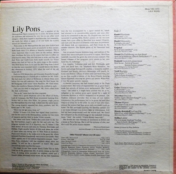 Lily Pons : Arias From Lucia Di Lammermoor – Lakme – Rogoletto – Die Entfuhrung Aus Dem Serail – Dinorah – Mignon – Le Coq D'Or (LP, Mono, RE)