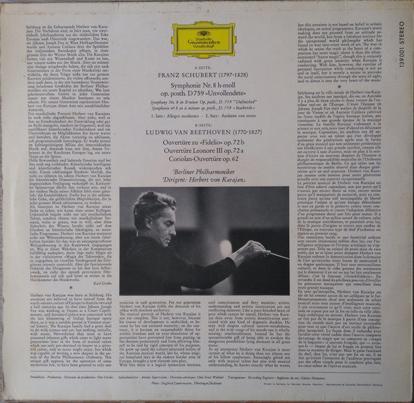 Schubert* / Beethoven* : Berliner Philharmoniker Conducted by Herbert von Karajan : Symphonie Nr. 8 »Unvollendete« / Fidelio · Leonore III · Coriolan (Ouvertüren) (LP)