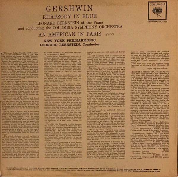 Leonard Bernstein - New York Philharmonic, Columbia Symphony Orchestra : Rhapsody In Blue / An American In Paris (LP, Album, Mono, RE)