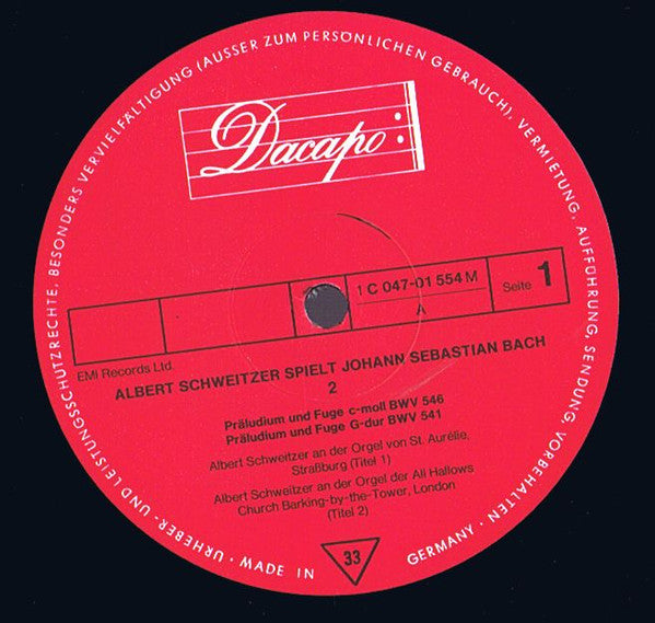 Johann Sebastian Bach, Albert Schweitzer : Albert Schweitzer Spielt Bach • 2 (LP)