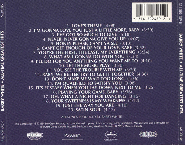 Barry White : All-Time Greatest Hits (CD, Comp, RM)
