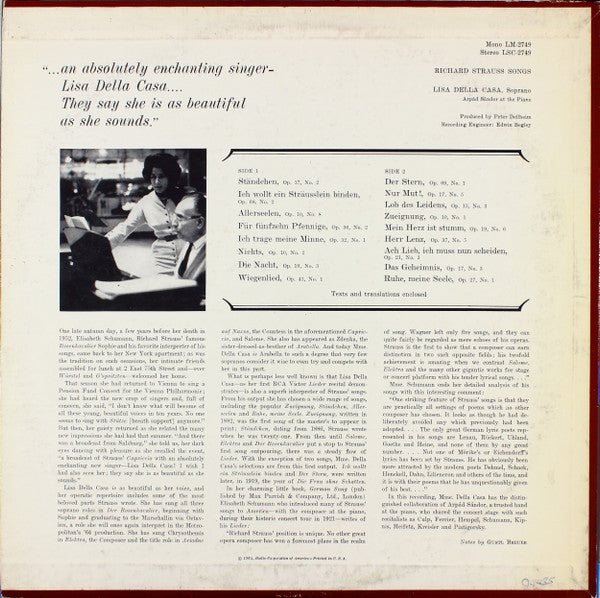 Lisa Della Casa : Richard Strauss Songs (LP, Album)