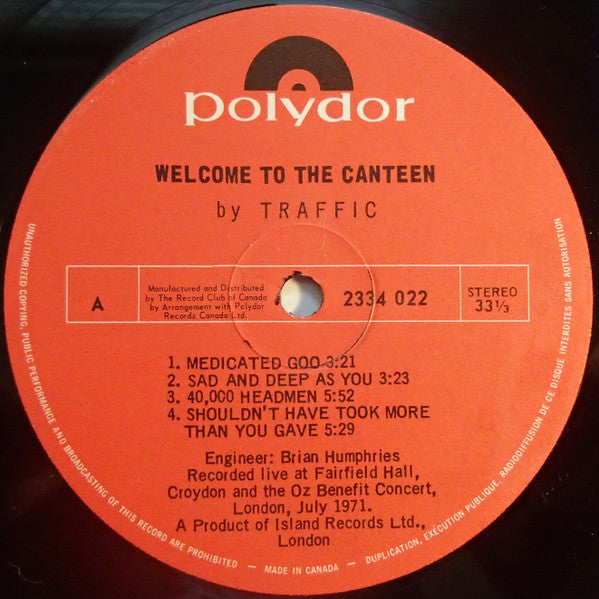 Traffic : Welcome To The Canteen (LP, Album, Club)