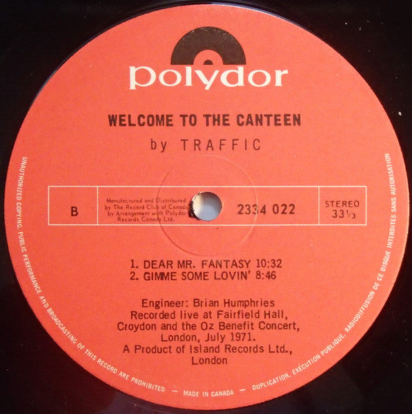 Traffic : Welcome To The Canteen (LP, Album, Club)