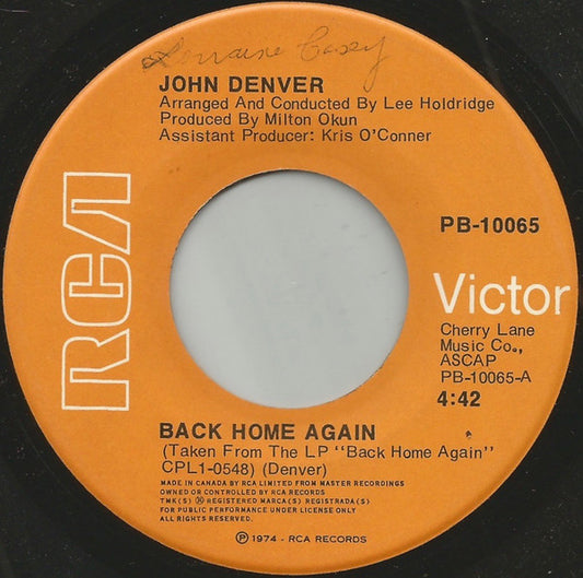 John Denver : Back Home Again  (7", Single)