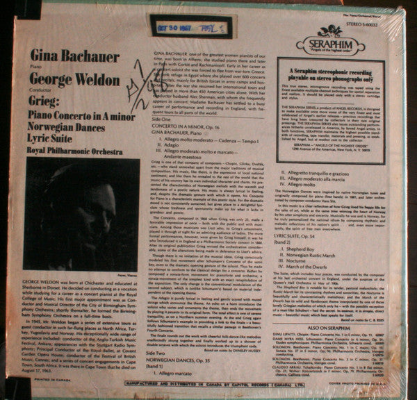 Edvard Grieg - Gina Bachauer, George Weldon, Royal Philharmonic Orchestra : Piano Concerto In A Minor - Norwegian Dances, Lyric Suite (LP)