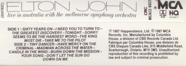 Elton John : Live In Australia (With The Melbourne Symphony Orchestra) (Cass, Album, Club, Dol)