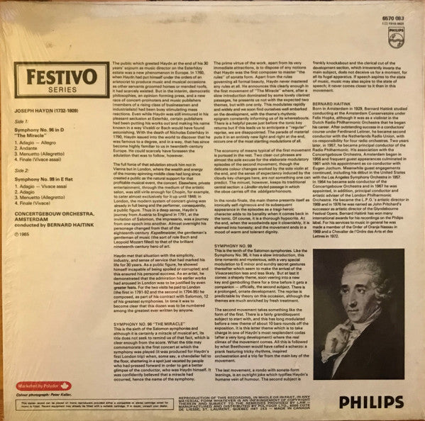 Joseph Haydn, Concertgebouworkest, Bernard Haitink : Symphony No 96 - Symphony No 99 (LP, RE)