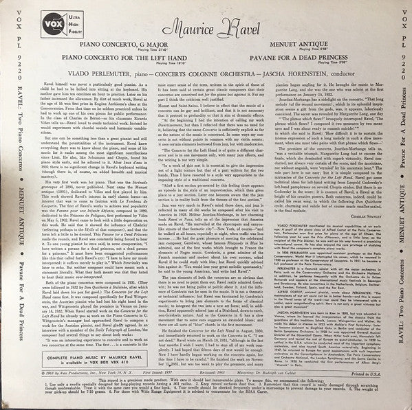 Maurice Ravel - Vlado Perlemuter, L'Orchestre De L'Association Des Concerts Colonne, Jascha Horenstein : Piano Concerto In G / Piano Concerto For The Left Hand / Pavane Pour Une Infante Defunte / Menuet Antique (LP, Mono, RE)