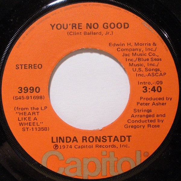 Linda Ronstadt : You're No Good / I Can't Help It (If I'm Still In Love With You) (7", Single, Win)