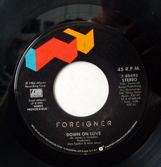 Foreigner : Down On Love (7", Single, Styrene, All)