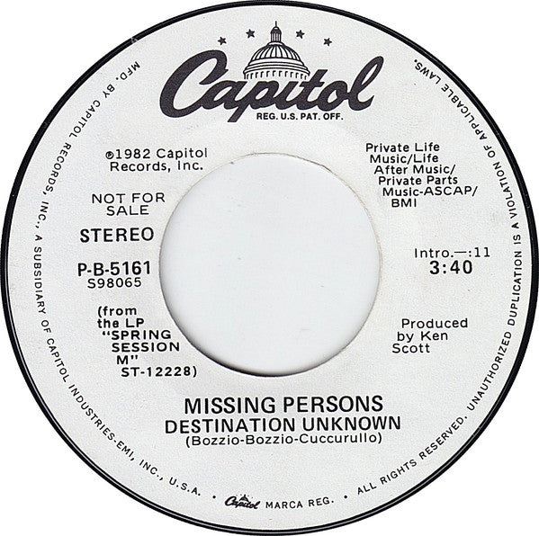Missing Persons : Destination Unknown (7", Single, Promo, Styrene, All)