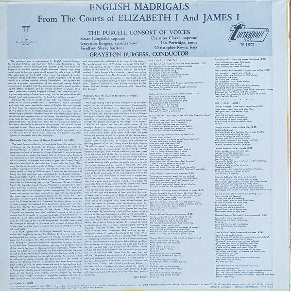 The Purcell Consort Of Voices, Grayston Burgess : English Madrigals From The Courts Of Elizabeth I And James I (LP, Album)