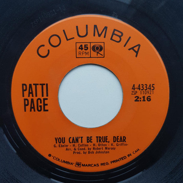 Patti Page : You Can't Be True, Dear (7", Single)