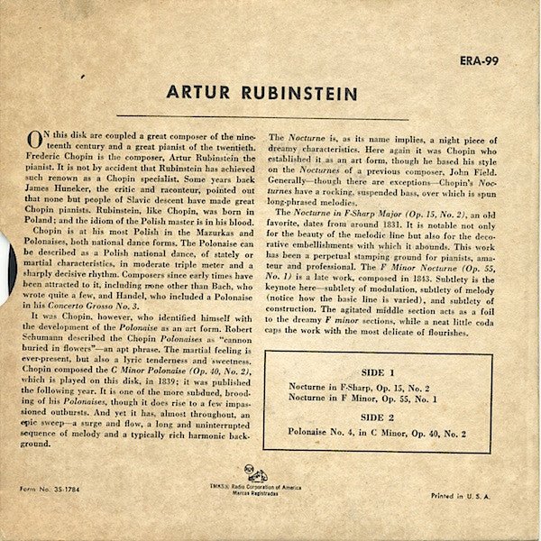 Arthur Rubinstein : Nocturne In F-Sharp / Nocturne In F-Minor / Polonaise No. 4 (7", EP, Mono)