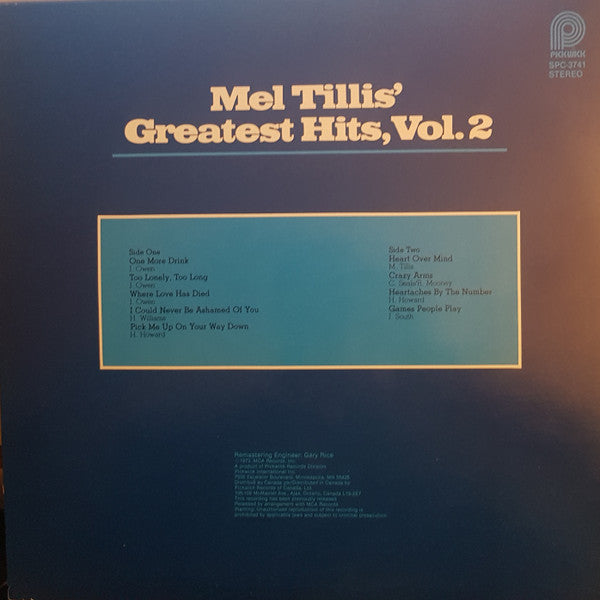 Mel Tillis : Mel Tillis' Greatest Hits, Vol. 2 (LP, Comp, RE)