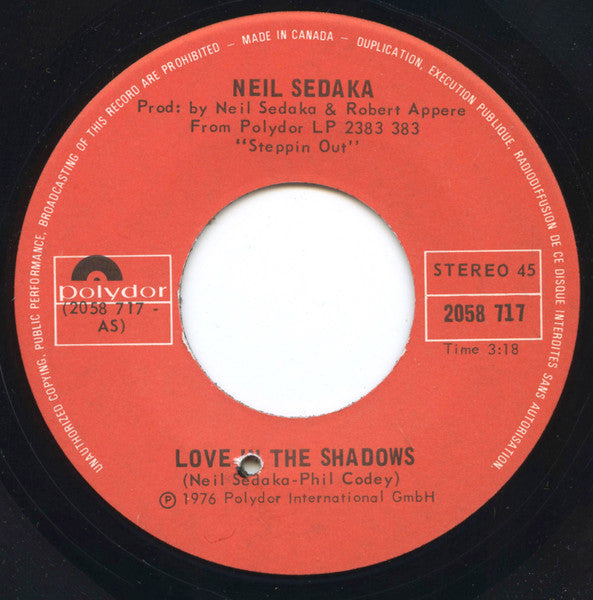 Neil Sedaka : Love In The Shadows (7", Single)