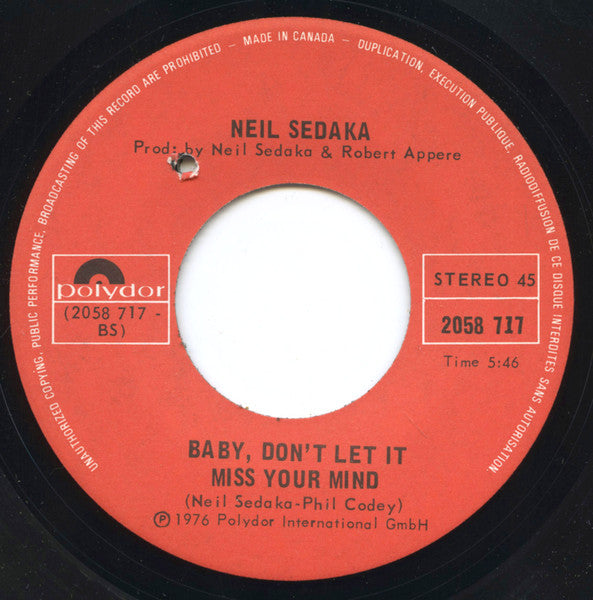 Neil Sedaka : Love In The Shadows (7", Single)