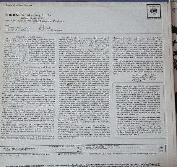 Hector Berlioz - Leonard Bernstein, New York Philharmonic, William Lincer : Harold In Italy  (LP, Mono)