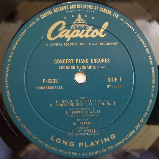 Leonard Pennario : Concert Piano Encores (LP, Album, Mono)