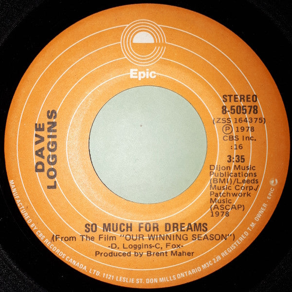 Dave Loggins : So Much For  Dreams (From The Film "Our Winning Season") (7", Single)