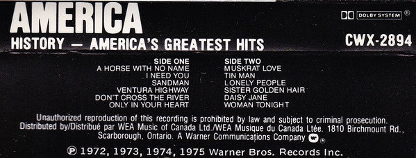 America (2) : History - America's Greatest Hits (Cass, Comp, RE)