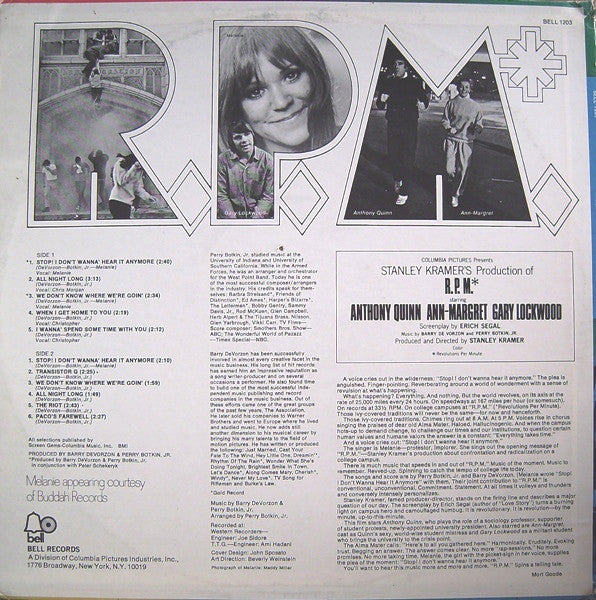 Barry De Vorzon & Perry Botkin Jr. & Melanie (2) : R.P.M.* (*Revolutions Per Minute) (Soundtrack From The Motion Picture) (LP, Mon)