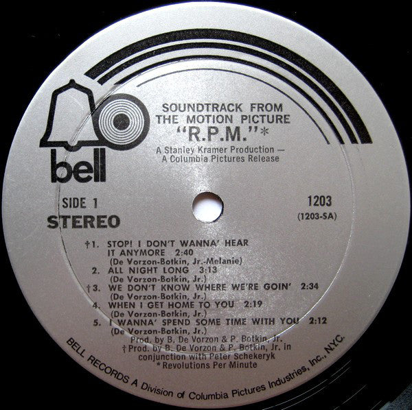 Barry De Vorzon & Perry Botkin Jr. & Melanie (2) : R.P.M.* (*Revolutions Per Minute) (Soundtrack From The Motion Picture) (LP, Mon)