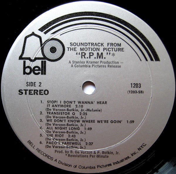 Barry De Vorzon & Perry Botkin Jr. & Melanie (2) : R.P.M.* (*Revolutions Per Minute) (Soundtrack From The Motion Picture) (LP, Mon)