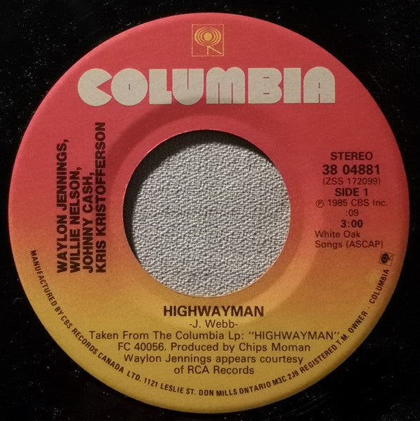 Waylon Jennings, Willie Nelson, Johnny Cash, Kris Kristofferson / Johnny Cash & Willie Nelson : Highwayman (7", Single)