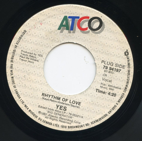 Yes : Rhythm Of Love (7", Single)
