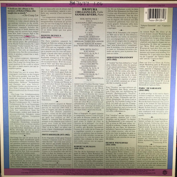 Cho-Liang Lin, Sandra Rivers, Manuel De Falla, Pablo de Sarasate, Sergei Vasilyevich Rachmaninoff, Wolfgang Amadeus Mozart, Robert Schumann, Fritz Kreisler, Henryk Wieniawski : Bravura (LP, Album, Dig)