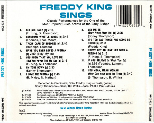 Freddy King* : Freddy King Sings (CD, Album, RE, RM)