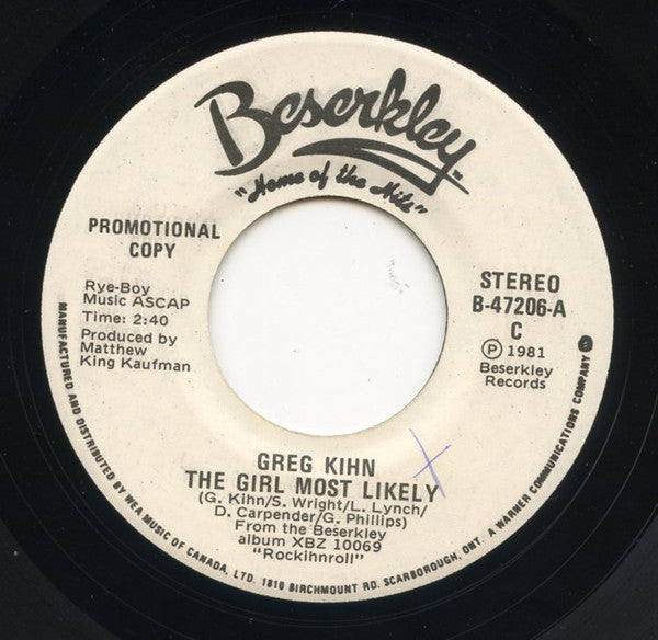 Greg Kihn : The Girl Most Likely (7", Single, Promo)
