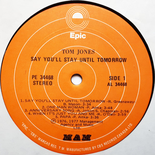 Tom Jones : Say You'll Stay Until Tomorrow (LP, Album)