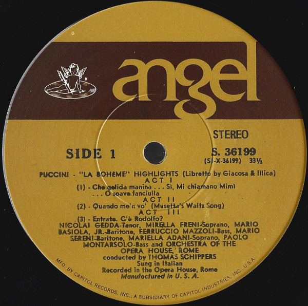 Giacomo Puccini, Orchestra* And Chorus Of The Teatro Dell'Opera Di Roma*, Mirella Freni / Nicolai Gedda / Mariella Adani / Mario Sereni / Thomas Schippers : La Bohème (Highlights) (LP, Album, RP)