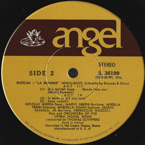 Giacomo Puccini, Orchestra* And Chorus Of The Teatro Dell'Opera Di Roma*, Mirella Freni / Nicolai Gedda / Mariella Adani / Mario Sereni / Thomas Schippers : La Bohème (Highlights) (LP, Album, RP)