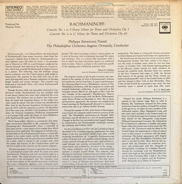 Philippe Entremont, Eugene Ormandy Conducts The Philadelphia Orchestra / Sergei Vasilyevich Rachmaninoff : Piano Concerto Nos. 1 And 4 (LP, Mono, RE)