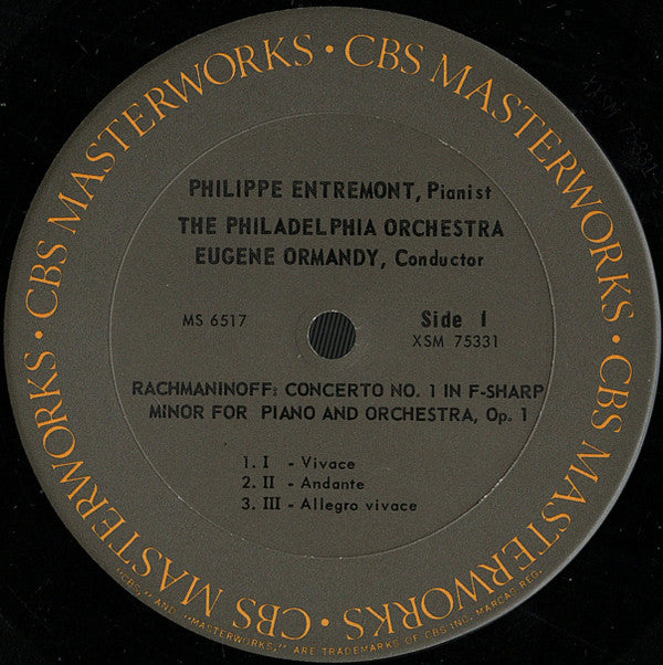 Philippe Entremont, Eugene Ormandy Conducts The Philadelphia Orchestra / Sergei Vasilyevich Rachmaninoff : Piano Concerto Nos. 1 And 4 (LP, Mono, RE)